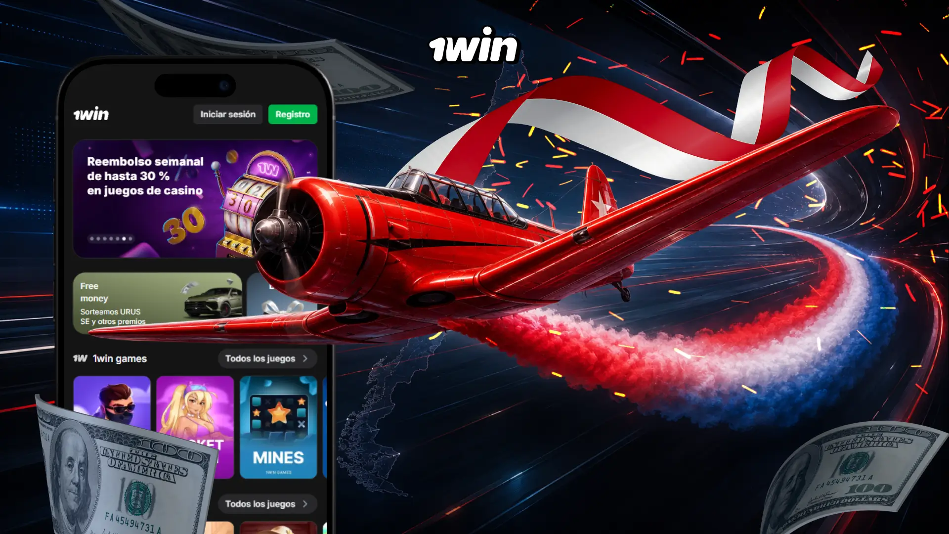 Juego Aviator de 1win Chile en versión web con multiplicador 2.47x y botón Cobrar