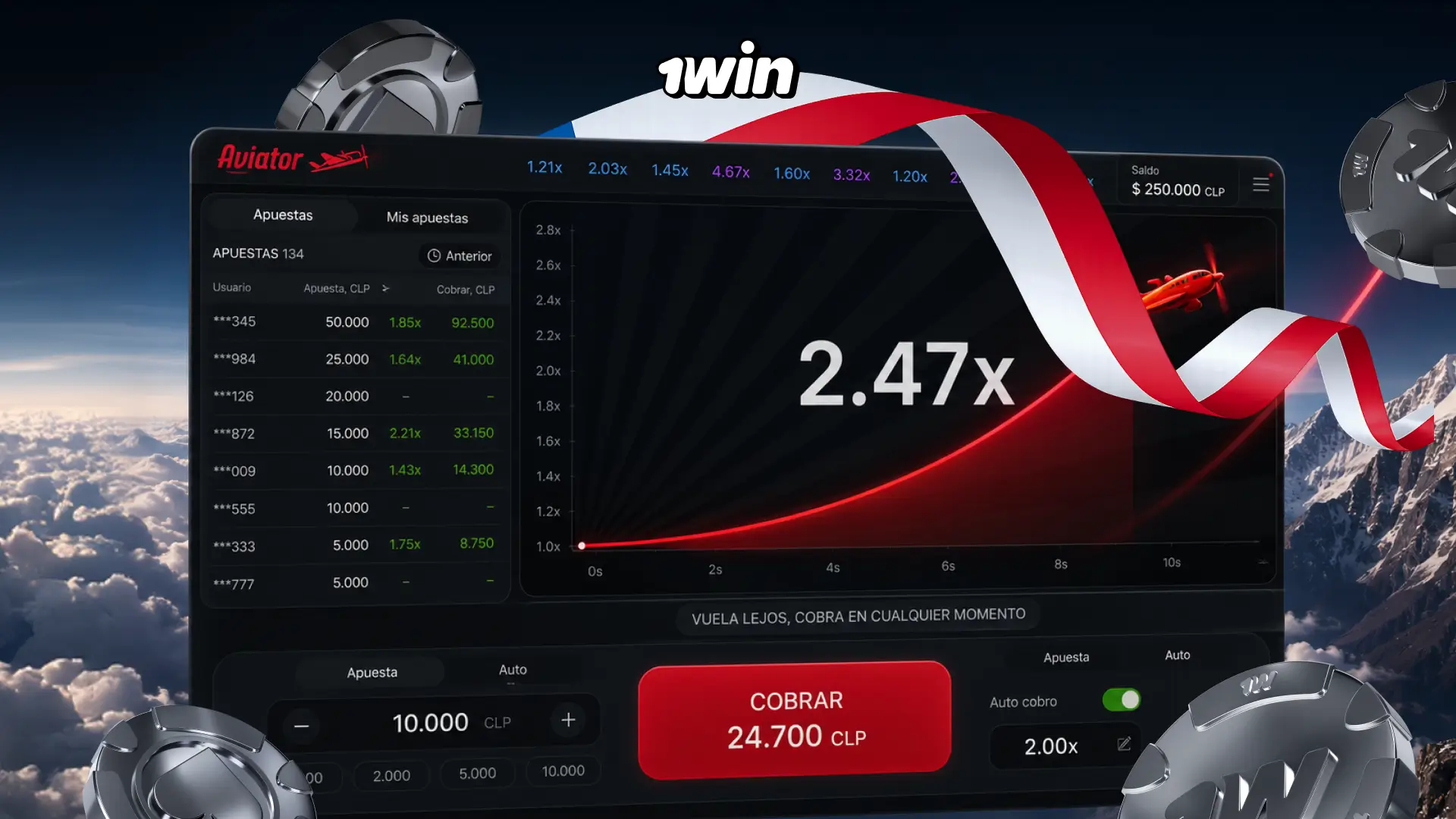 Bonos de 1win Chile para jugar Aviator con reembolso semanal del 30%
