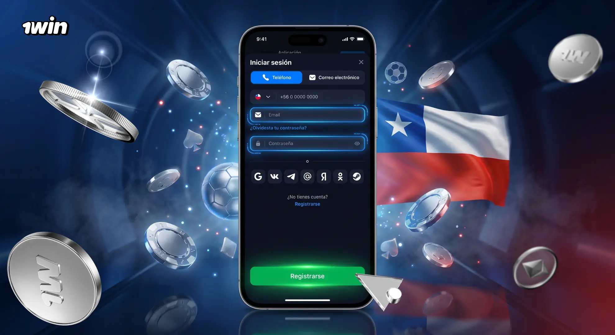 Pantalla de registro e inicio de sesión de 1win Chile