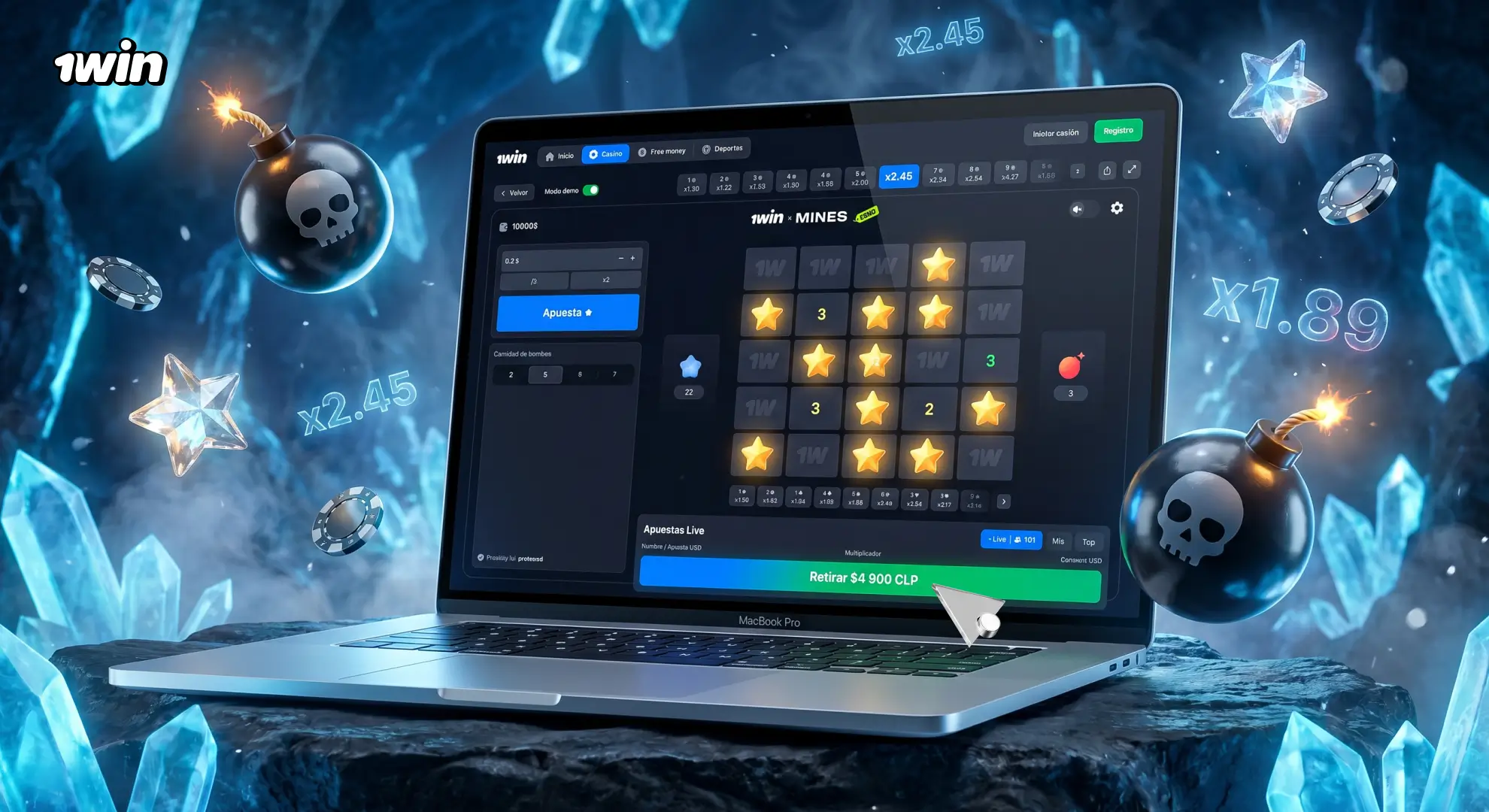 Modo demo de 1win Mines en PC con multiplicadores y retiro