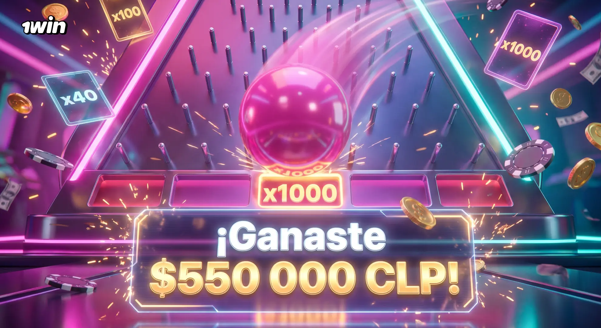 Premio de Plinko en 1win con multiplicador x1000 y 550 000 CLP