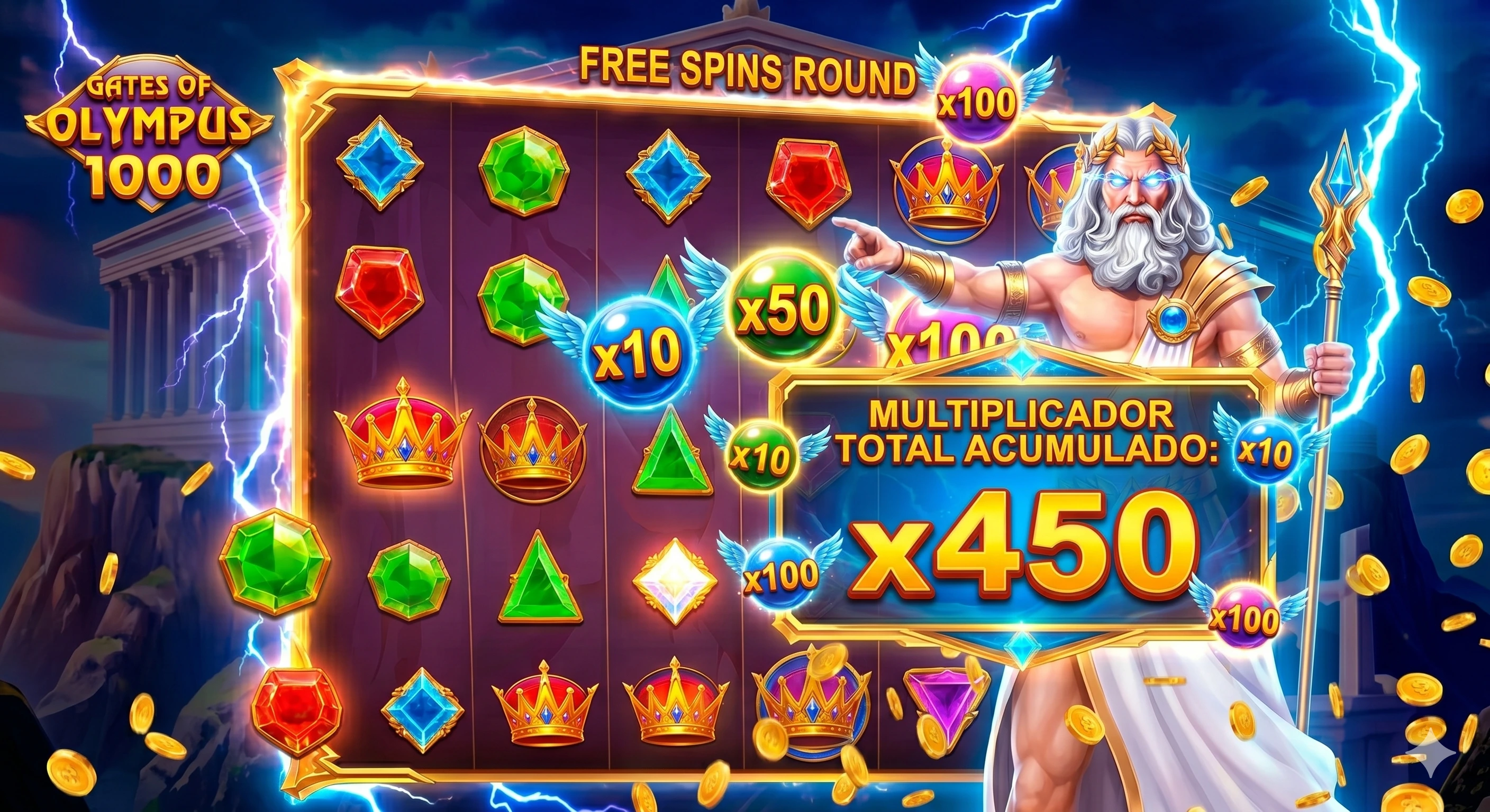 Atmósfera nocturna e intensa de Free Spins con multiplicador total acumulado de x450