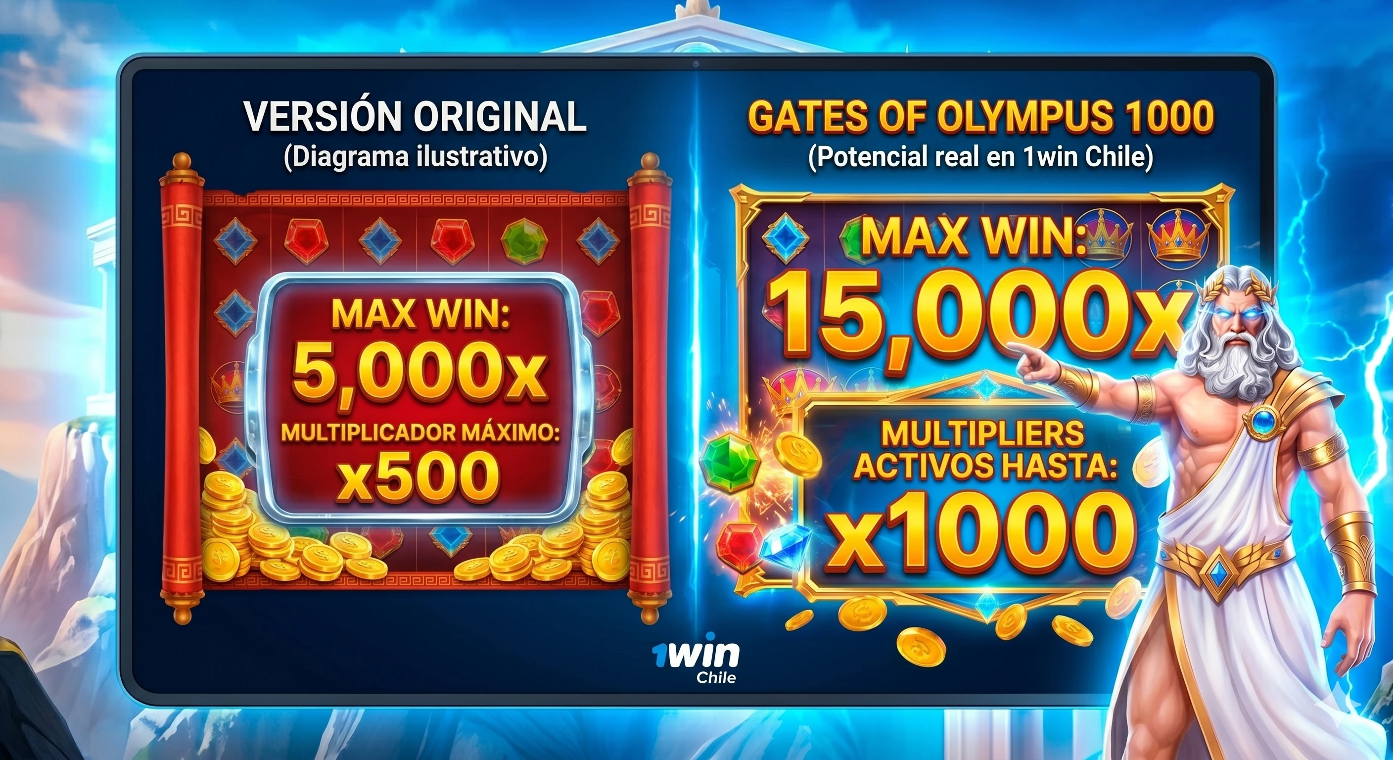 Diagrama ilustrativo que compara el max win y multiplicador máximo de Gates of Olympus Original vs Gates of Olympus 1000